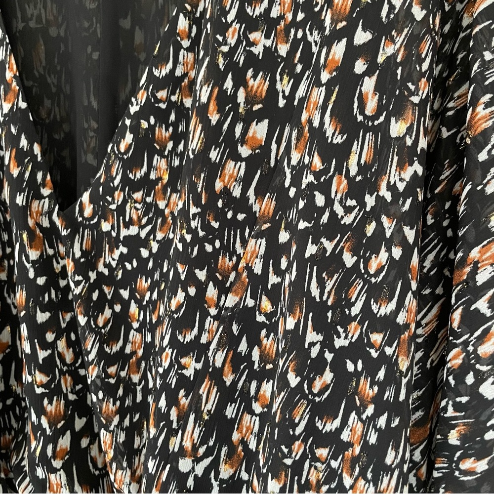 EXPRESS Metallic Printed Tie Back Balloon Sleeve Top L Large Black Gold - Picture 5 of 11
